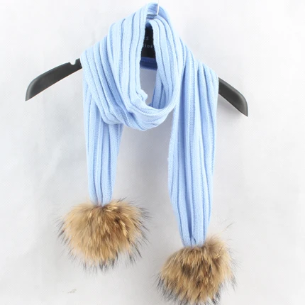 Натуральный мех помпон зимний детский шарф дети теплые вязаные шарфы шали и обертывания для обувь девочек мальчиков - Цвет: blue