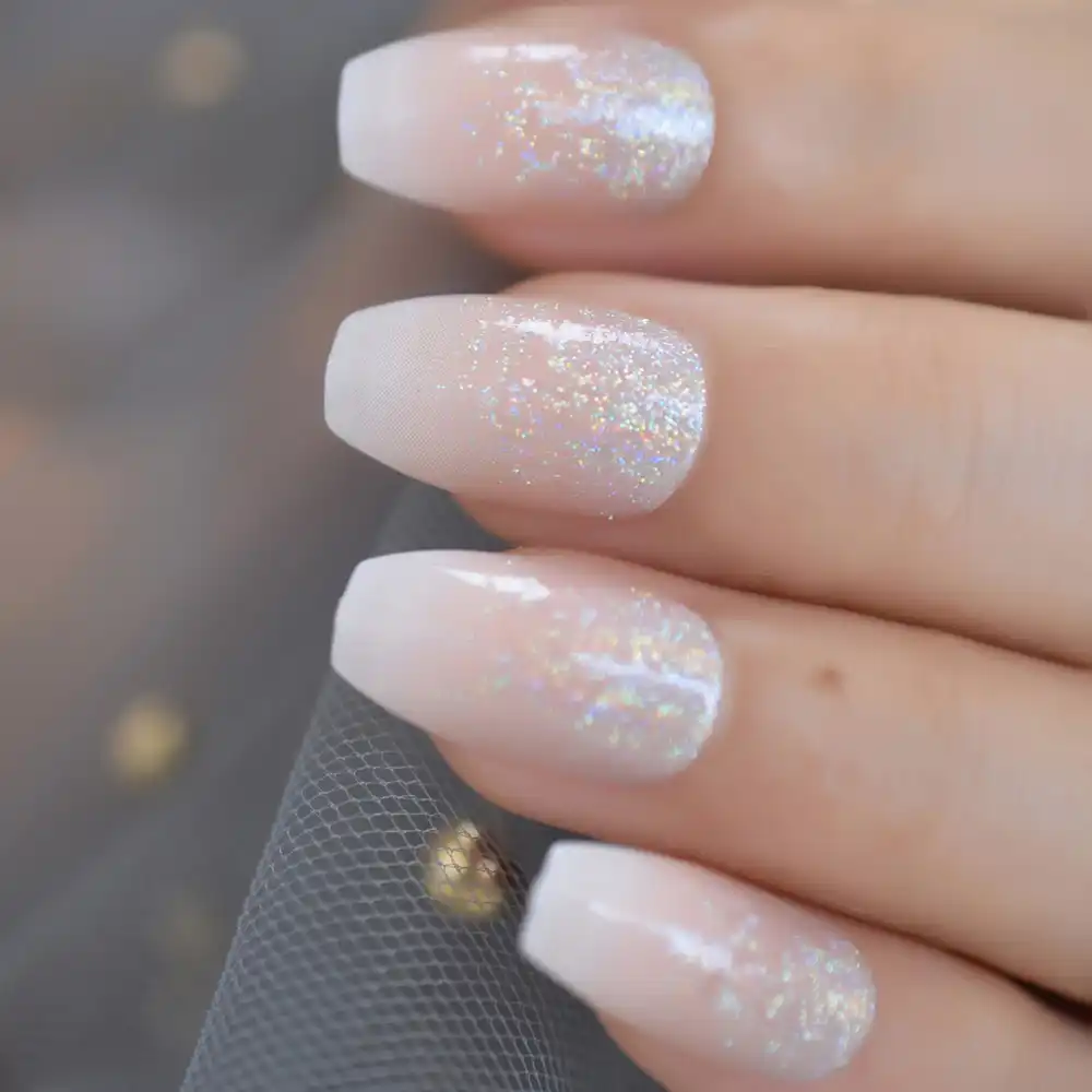 Coffin French Ombre Glitter Star Nails Gradeint Ballet Nude