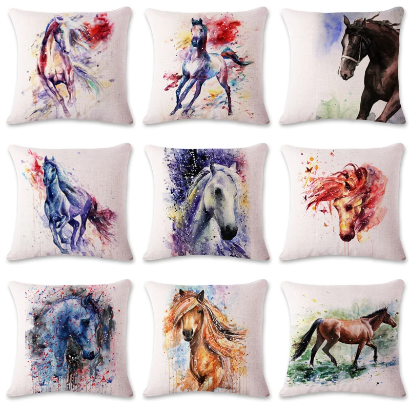 

New Modern Horse Art Watercolor painting Cushion Cover Nordic retro nostalgic sofa Cotton Liene Pillow Cover office pillowcase