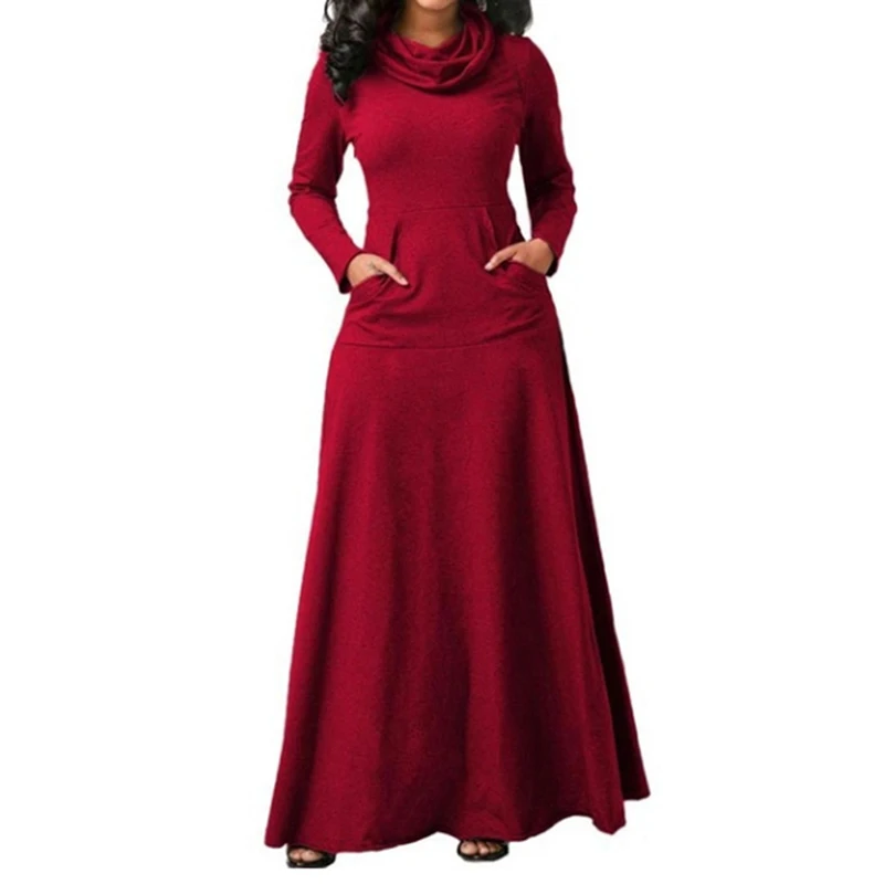 Women Long Sleeve Dress Large Size Elegant Long Maxi Dress Autumn Warm Turtleneck Woman Clothing With Pocket Plus Size Bigsweety - Цвет: wine red