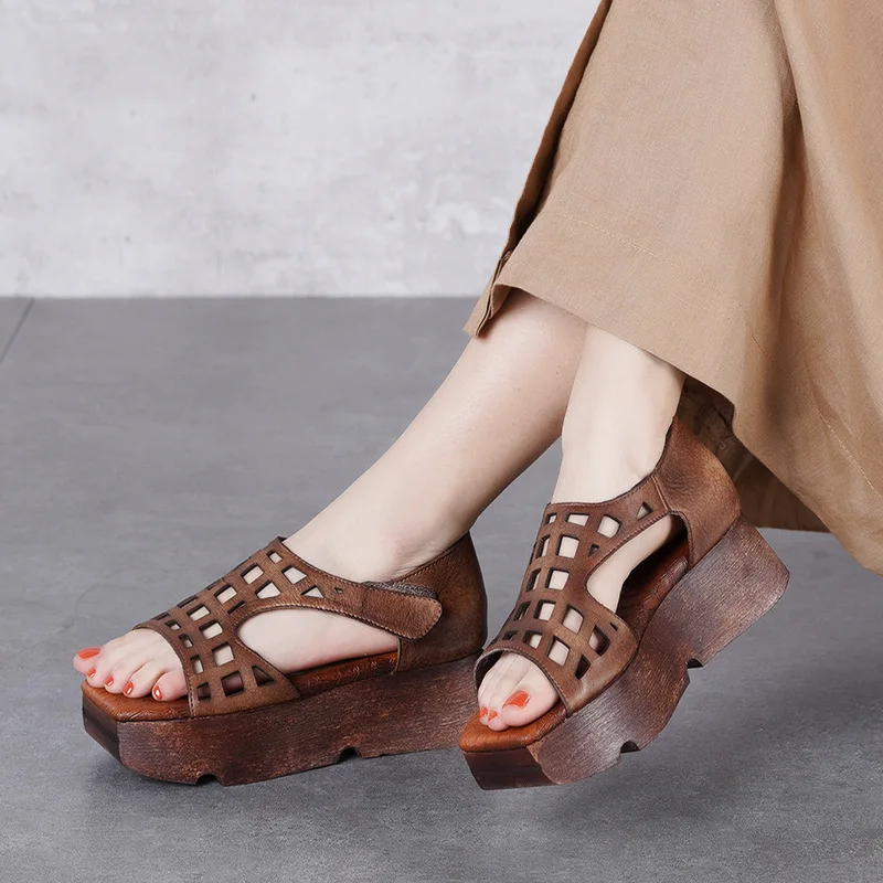Women Leather Sandals Wedges Shoes 5 Cm High Heels Chunky Sandals Women Handmade Genuine Leather Retro Shoes Brand Summer 2019