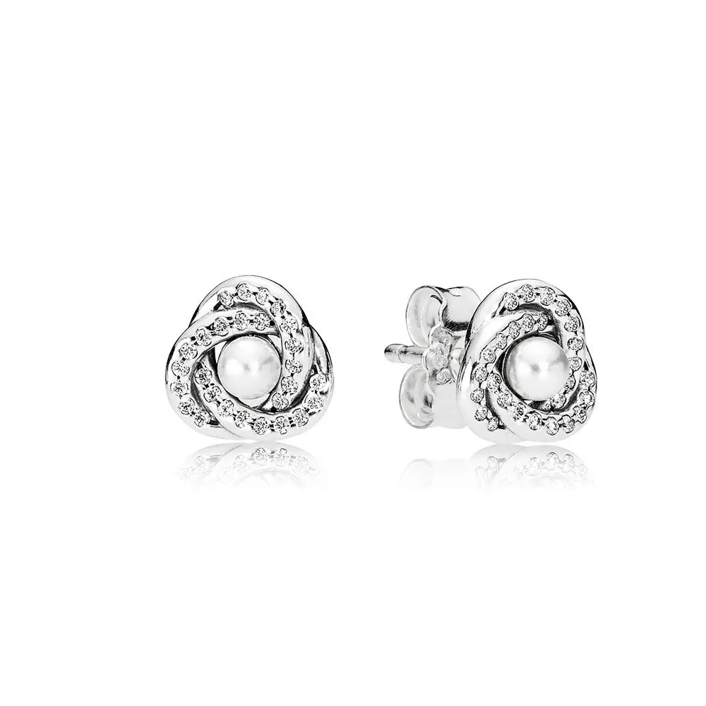 

Real 925 Sterling Silver Luminous Love Knots Pandora Original Stud Earrings With Pearl Crystal For Women Charm Gift Jewelry