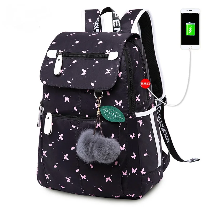 

FengDong fashion women backpacks usb school bags for girl black back pack plusch girl schoolbag butterfly decoration mochila