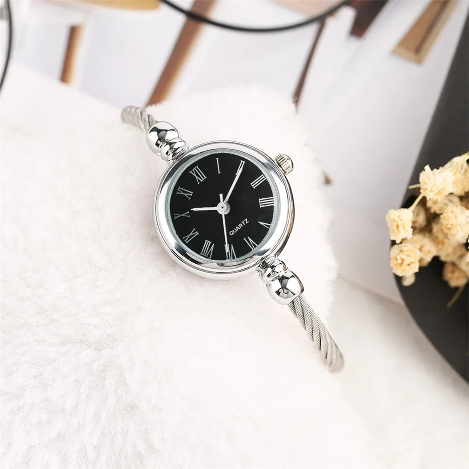 Creative Black White Small Dial Silver Strap Women Quartz Wrist Watches Analog Roman Numerals Bracelet Clock Gifts (26)