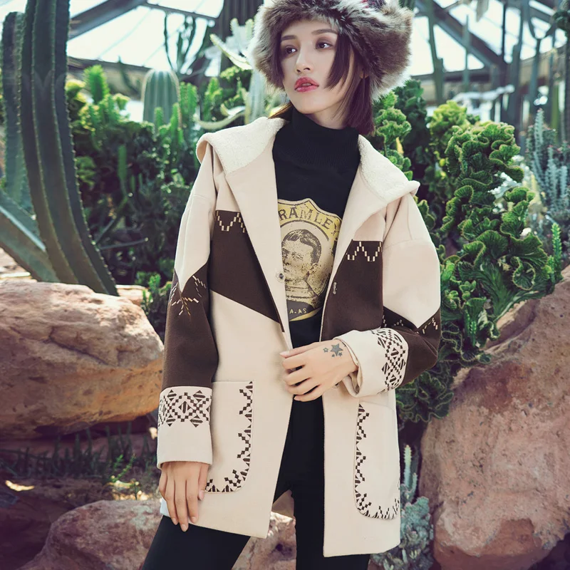 

Aporia.As Aporia.As New Winter Women Vintage National Trend Embroidery Color Block Patchwork Hooded Woolen Long Coat outerwear