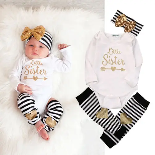 0-18M novorozeně holčičky oblečení Little Sister s dlouhým rukávem kombinézu Romper pruhované noha teplejší luk čelenka 3ks dětské oblečení