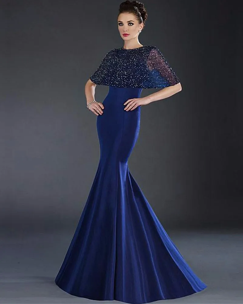 Royal Blue Mermaid Evening Dresses 2017 Sparkly Beaded Crystal Shawl Evening Party Dresses Gowns robe de soiree abendkleider