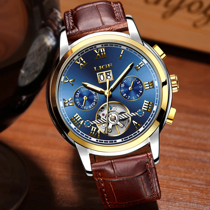 New LIGE Luxury Brand Men's Watches Fashion Business Automatic Watch Men 3ATM Waterproof Leather Wristwatches relogio masculino
