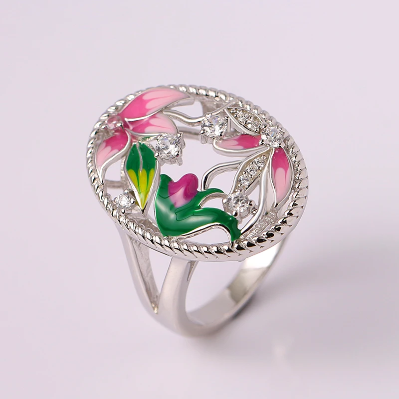 

RainMarch Hollow Flower Enamel Silver Rings For Women 925 Sterling Silver Engagement Ring Cubic Zirconia Bohemian Party Jewelry