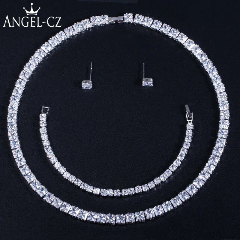 

ANGELCZ Luxury Princess Cut Cubic Zirconia Wedding Chocker Necklace Earrings Bridal Party Square Jewelry Set With Bracelet AJ154