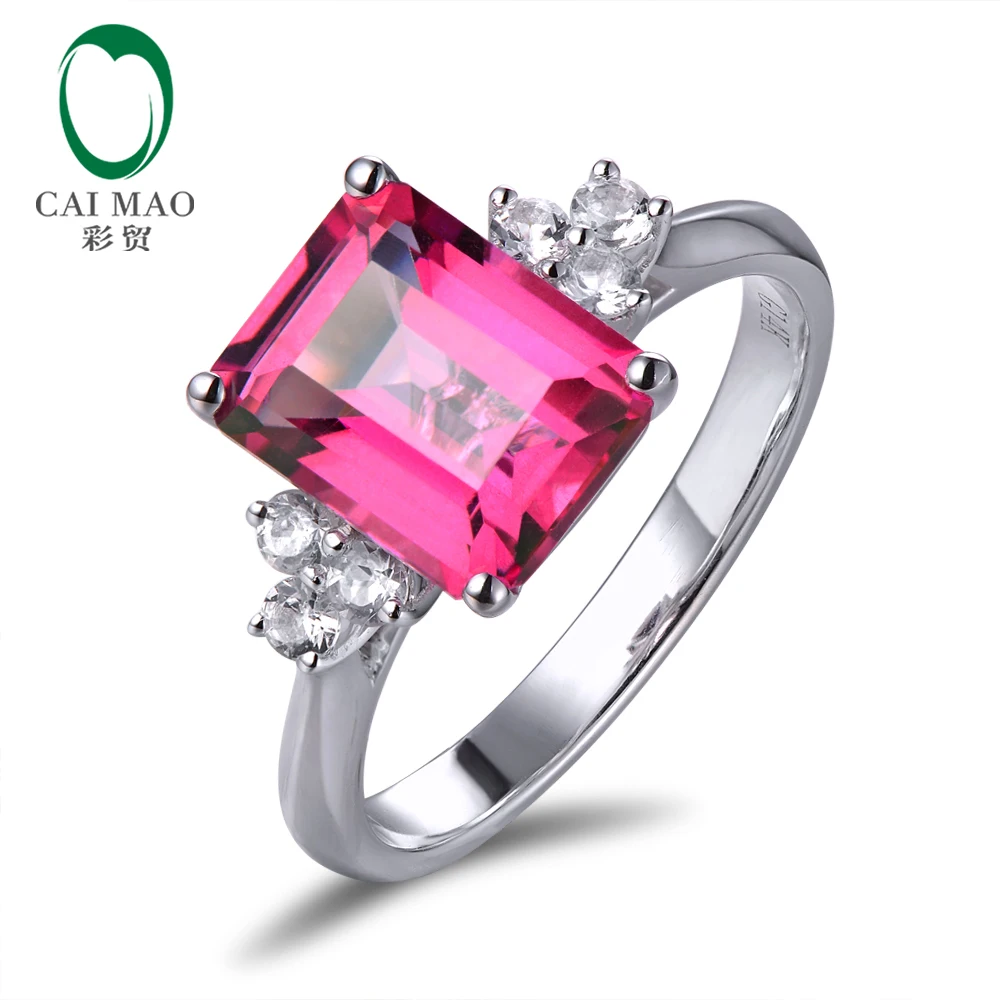 

14K White Gold 2.78ct Emerald Cut Pink Topaz Engagement With 0.28ct white sapphire Ring Free shipping