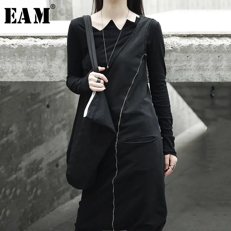

[EAM] 2019 New Spring Black Women Fashion Tide Wild Asymmetry Slim Ankle-leng Pants Double Pocket Jumpsuits LA915