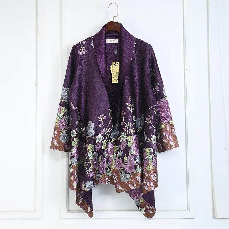 

Women Luxury Jacket Elegant floral printed double side wear classical design high grade plus size purple Jacket Free shipping