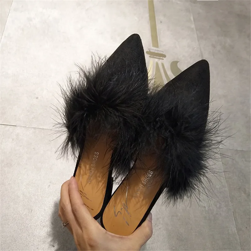 SLHJC Women Fur Slippers Flat Heel Pointy Toe Autumn New Arrival Casual Mules Outside Casual Cozy Flats Slides