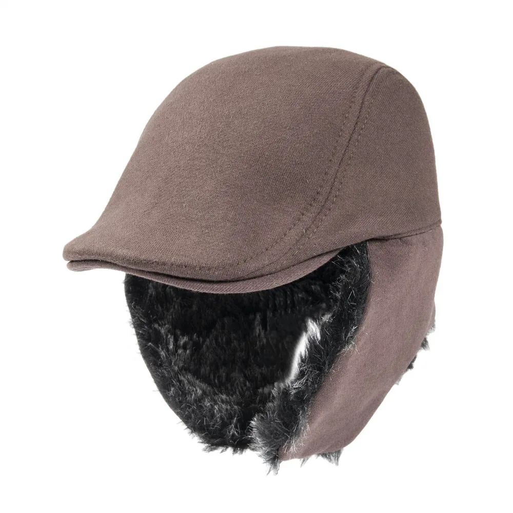 VOBOOM Brown Bomber Hat Men Winter Cotton Warm Flat Ivy Cap Ear