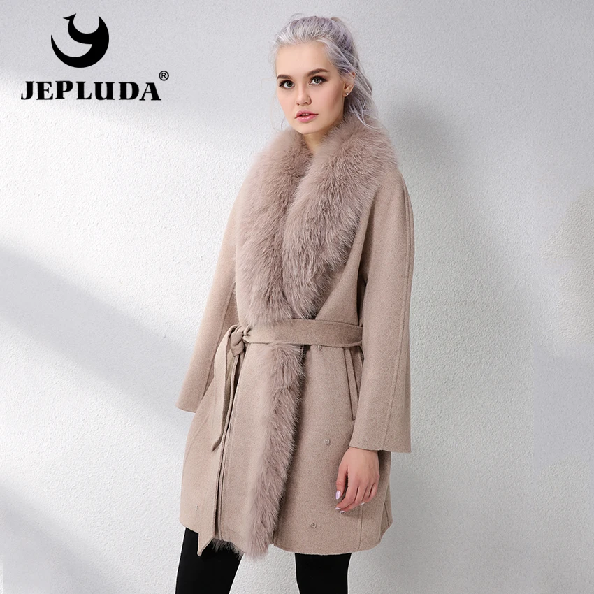 JELUDA Hot Sale Cashmere Coat Women Scarf Collar With Natural Real Fox Fur Real Fur Coat Genuine Leather Jacket Women Overcoat