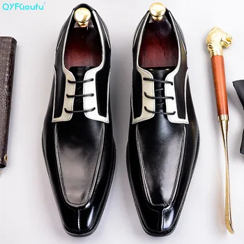 

QYFCIOUFU Mens Oxfords Genuine Leather Italian Design Fashion Luxury Brand Office Formal Square Toe Men Wedding Dress Shoes
