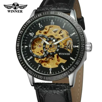 

T-WINNER Men's Trendy Automatic Skeleton Alloy Case Black Color Bezel Watch with Leather Band on Sale Original Watch WRG8031M3
