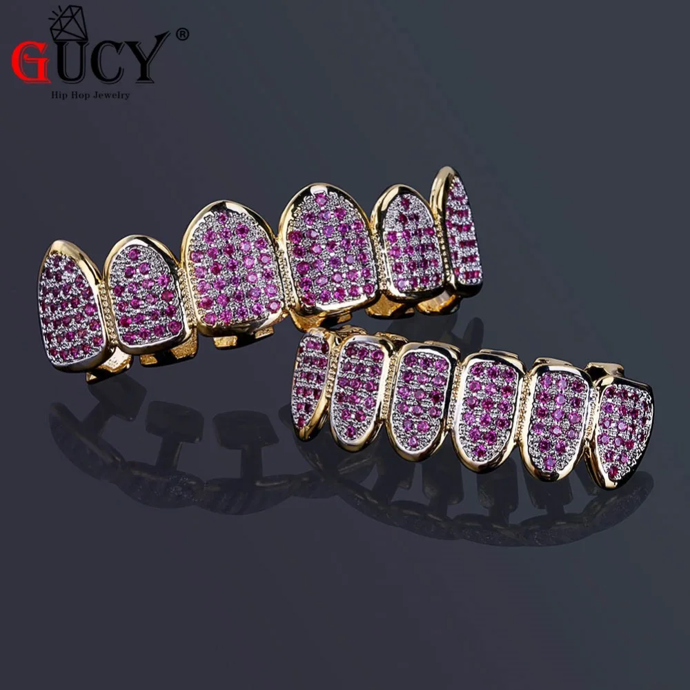 GUCY Gold Hip Hop Teeth Grillz Micro Pave Fuchsia CZ Stone Iced Out Top&Bottom Grills Set Vampire Teeth Caps Mouth Jewelry Party