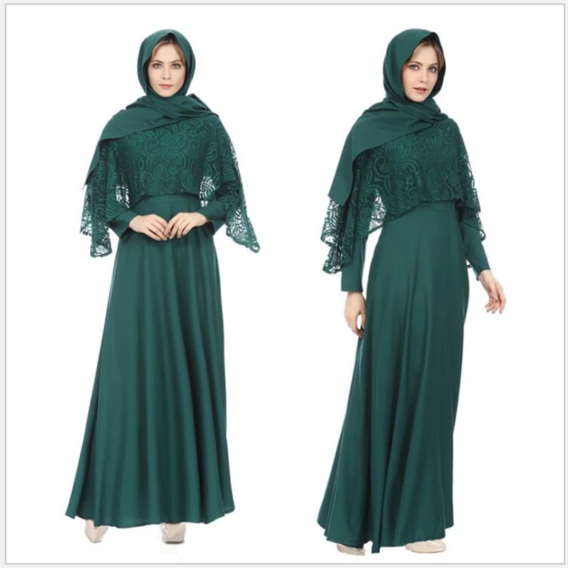 

2019 Fashion Women Muslim Abaya Patchwork Lace Muslim Dress green red dress women clothing kaftan Ropa Islamica R057