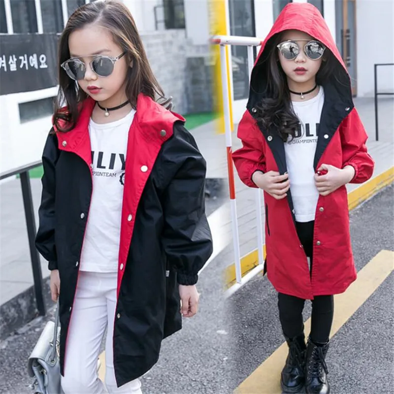 

New Girls Jacket Children's Clothing Girl Trench Coat Kids Jacket Hooded Reversible Design Girl Coats Spring Wind Outerwear