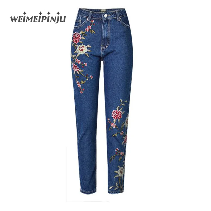 

Skinny Jeans For Women 2017 Autumn Embroidered Flowers Cotton Denim Ripped Pants Big Sizes High Waist Pencile Jeans Overalls
