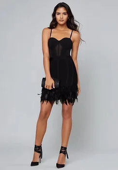 

Summer Style Sexy V Neck Black Feather Bandage Dress 2019 Designer Fashion Party Dress Vestido