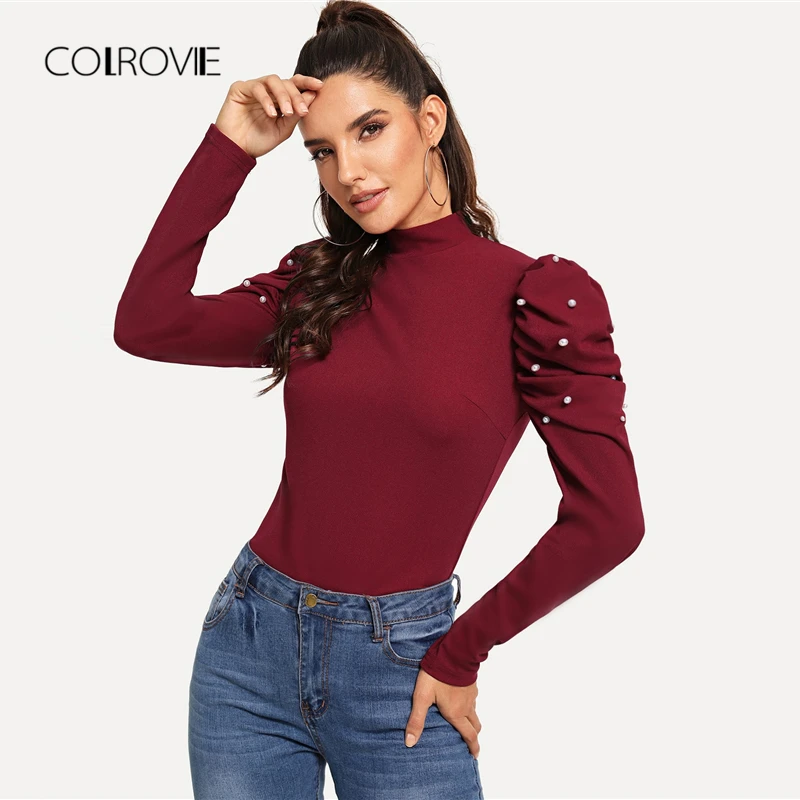 Colrovie بلوزة انيقة للكريسماس بأكمام منفوخة بها خرز لؤلؤ عنابي