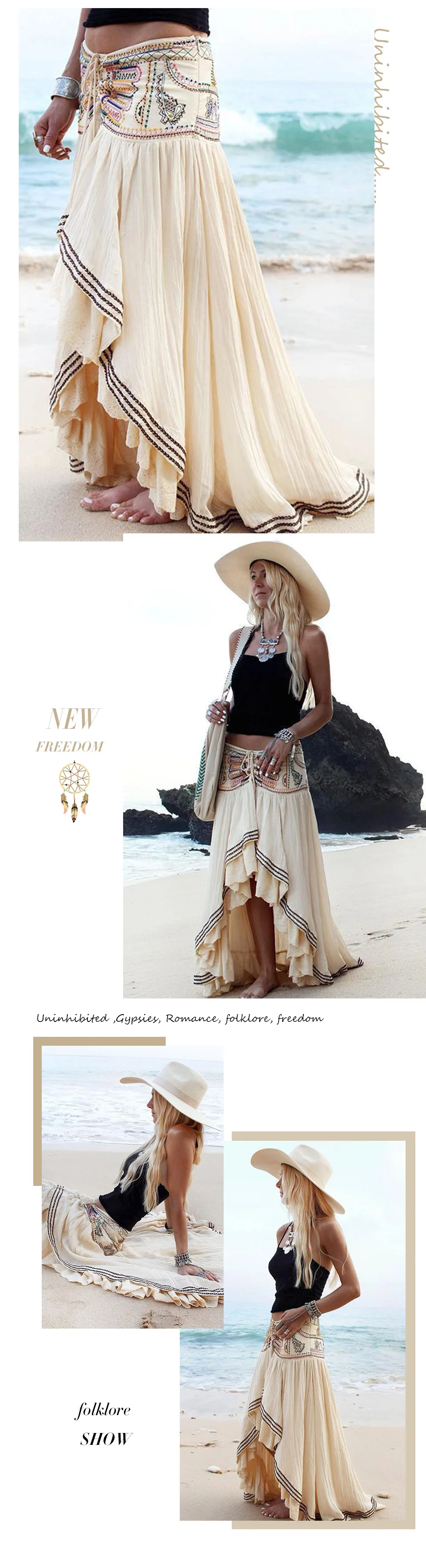 Everkaki Bohemian Cotton Embroidery Women Gypsy Ladies Skirts Lace Up Beach National Long Skirts Female Casual Skirts 2018 (12)