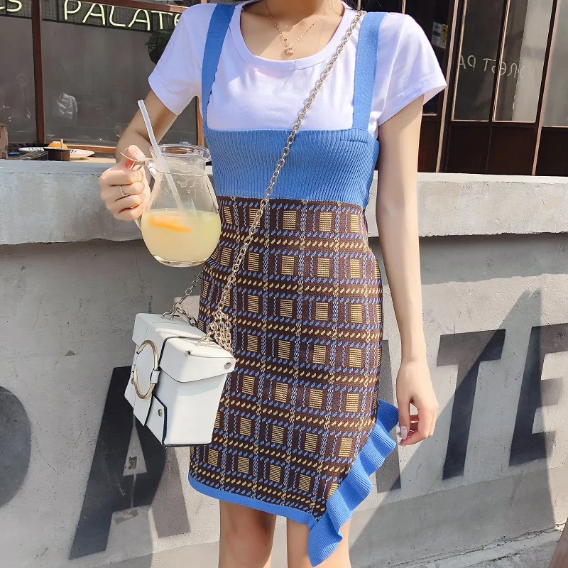 

women spring knitting sleeveless plaid ruffle pencil strap dress female pullover elastic side split vestidos slash neck dresses