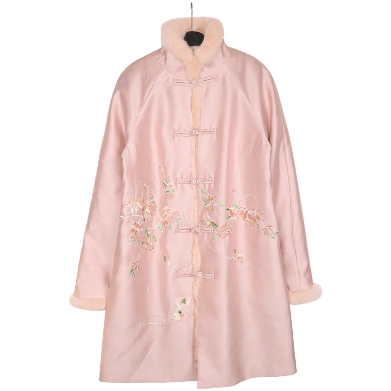 

Pink New Long Sleeve Jacket Elegant Embroidery Flower Tang Top Clothing Winter Warm Outwear Vintage Handmade Button Coat S-XL