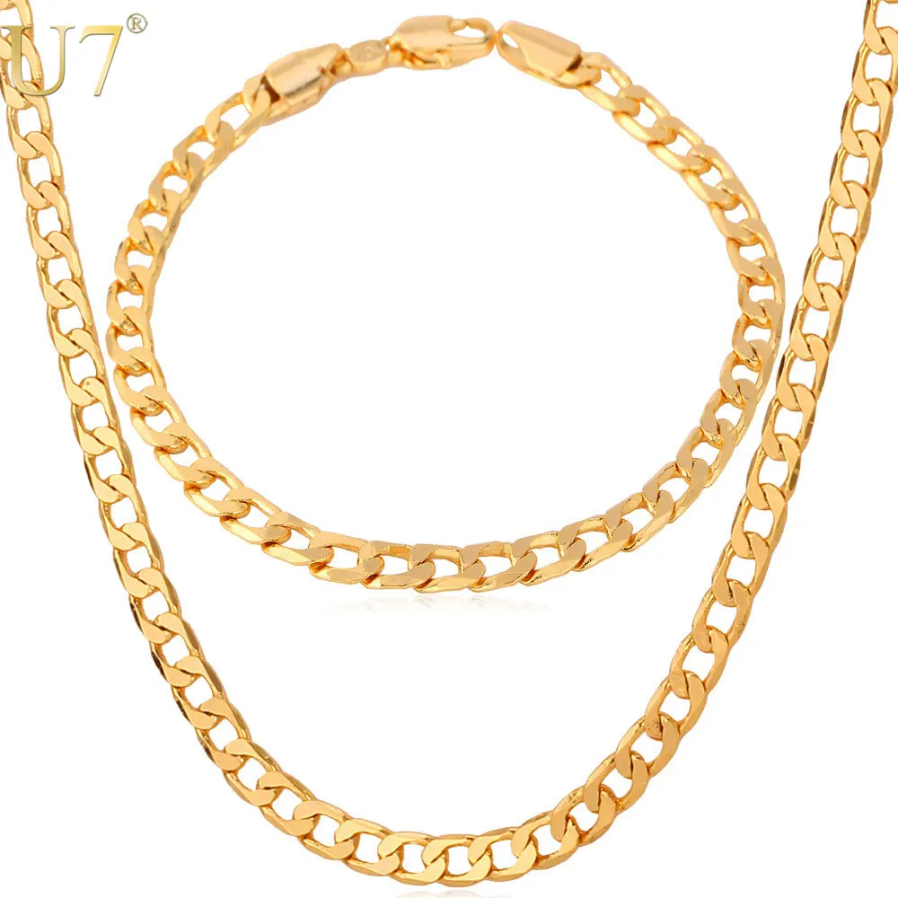 

U7 Necklace Set Trendy Party Gold/Rose Color Cuban Link Chain Necklace Bracelet Men Jewelry Set S550