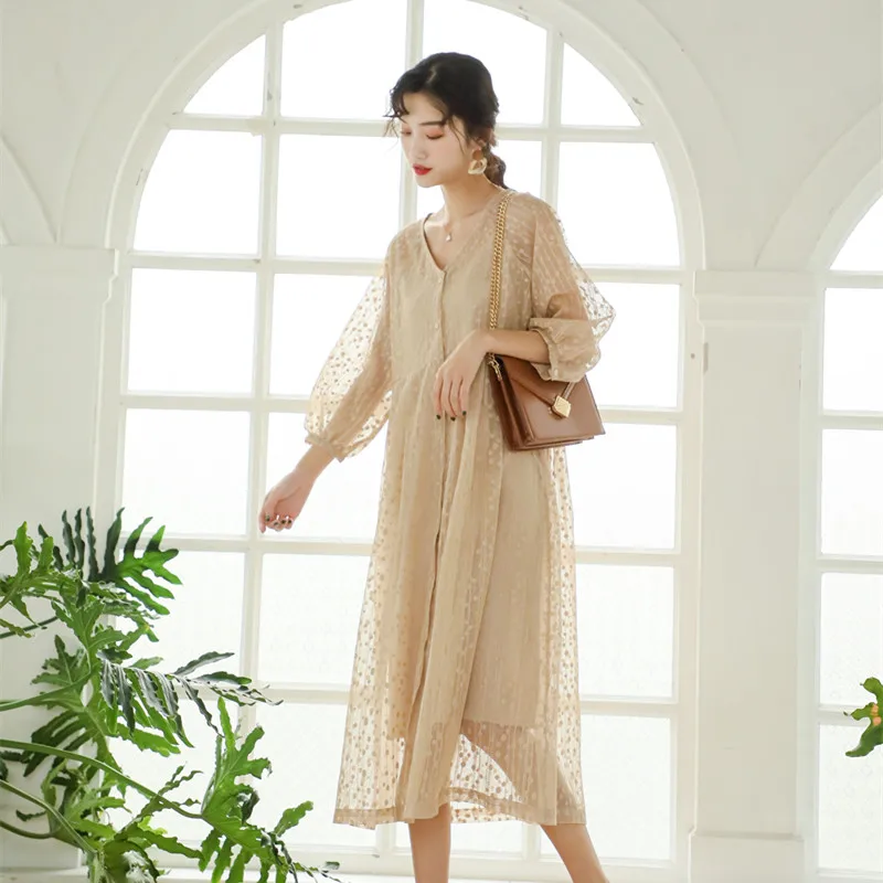 

French Style Vintage Polka Dot Lace Dress Women's Summer Dresses and Sundresses Women New Long Sexy V Neck Casual Party Dress