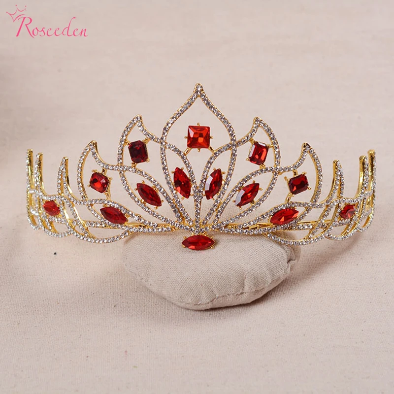 

Retro Red /green color rhinestone tiara para noiva barque style big size bridal large queen crown wedding hair accessoriesRE483