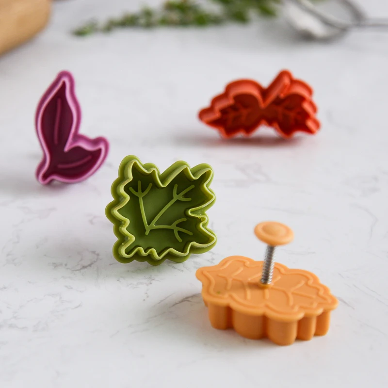 

4 Types Set Leaf Plastic Cookie Mold Plunger Cutter Stamp Fondant Embosser 3D Biscuit Cake Biscuits Molds Decaration