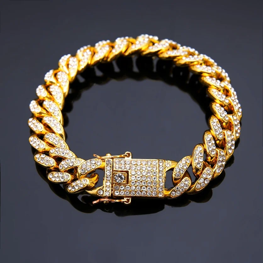 

12mm Mens Gold Silver Rhinestone Bracelet Bangles Alloy Heavy Miami Cuban Link Chain Bracelets Hip Hop Punk Jewelry for Men