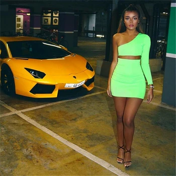 

Womens 2 Piece Tacksuits Clubwear Bodycon Crop Top + Skirt Set One Shoulder Tops Party Long Sleeve Night Club Streetwear Outfits