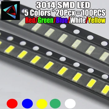 

5 x 20pcs/Color=100pcs New 3014 0.2W 3.0 * 1.4 MM 2.0-3.2V Red/Green/Blue/White/Yellow SMD LED kit
