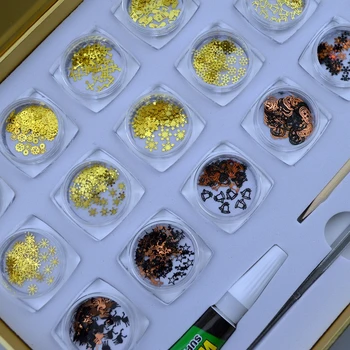 

Glod metal nail art decoration accessories set nails rhinestone glue tweezers kit Christmas nail stickers slice JSL-7