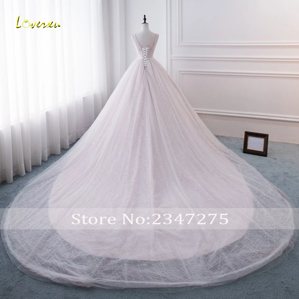 Loverxu Vestido De Noiva, кружевное бальное платье, свадебное платье, сексуальное, с v-образным вырезом, без спинки, с аппликацией из бисера, плиссированное свадебное платье с длинным подолом