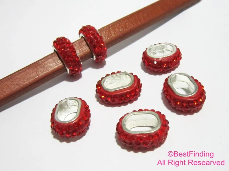 

Red rhinestone sliders 11x7mm Licorice leather findings pave beads -LR02