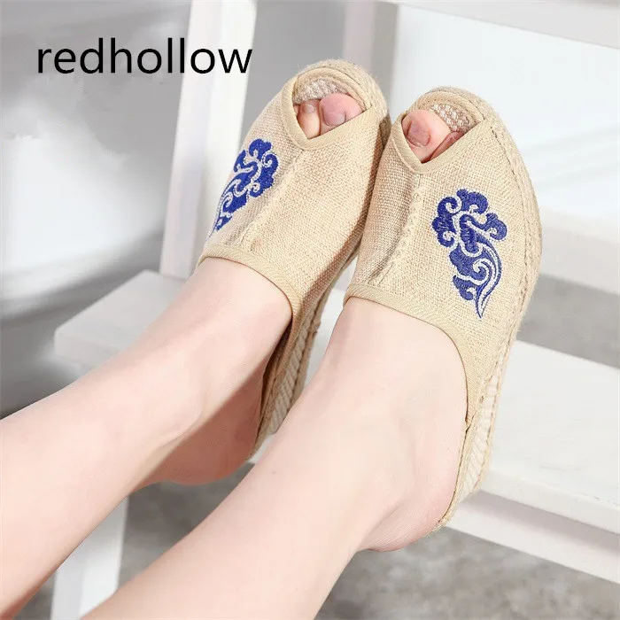 

Ethnic Sandals Slip On Peep Toe Women Sandals Slippers Summer Casual Shoes Vintage Linen Canvas Platform Wedge Sandals Female