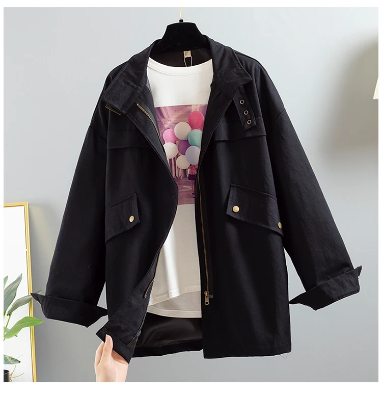 Весна осень новая корейская мода ветровка Черная бейсбольная куртка для женщин большой размер свободный длинный рукав Длинная Верхняя одежда Harajuku куртка