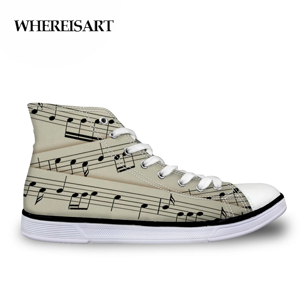 

WHEREISART 2019 Women Sneakers Vulcanized Shoes Music Notes Piano Guitar Print Canvas Shoes Breathable Walking Flats Big Size