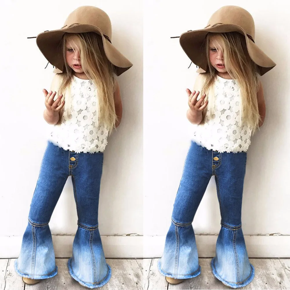 

2019 New Fashion Retro Splice Children Infant kid Girls Vintage Jeans Patchwork Bell-bottoms Denim Pants Trousers winter clothes