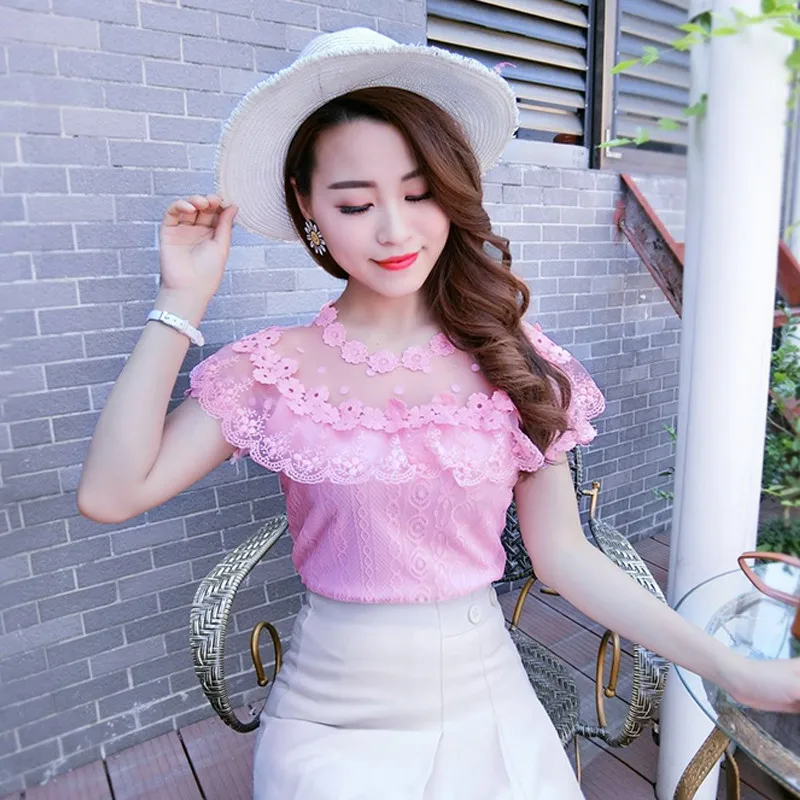 2018 New Women Summer Blouse Sweet Dot Floral Lace Shirt Female Slim Short Sleeve Ruffles Mesh Blouses Blusas Short Tops AB835 4