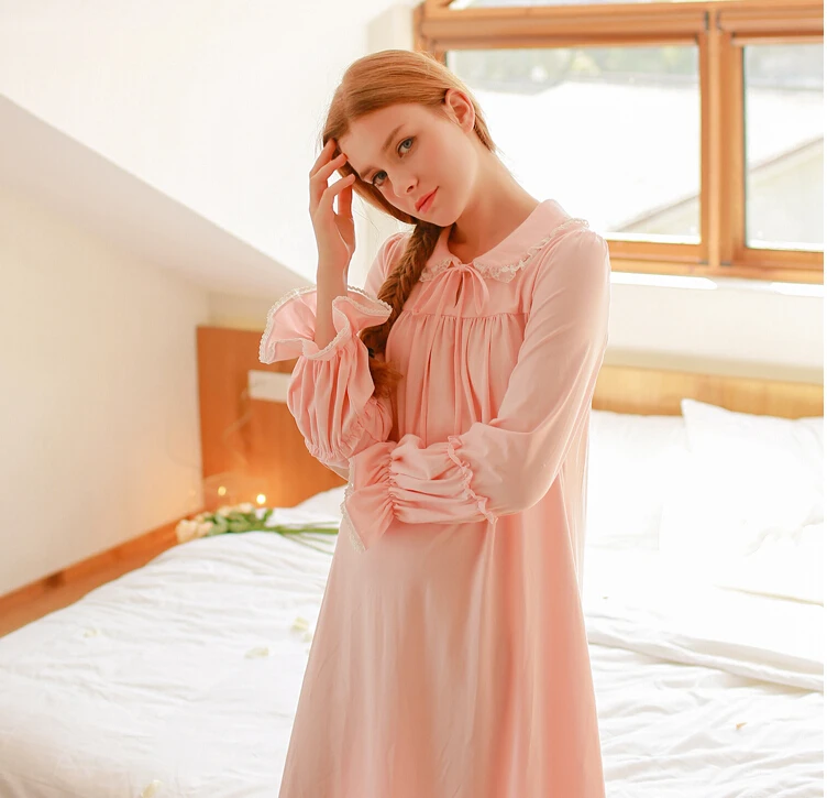 Новинка, осенняя Женская длинная бежевая и розовая винтажная Пижама, домашняя одежда, кружевное белье, ночная рубашка из хлопка