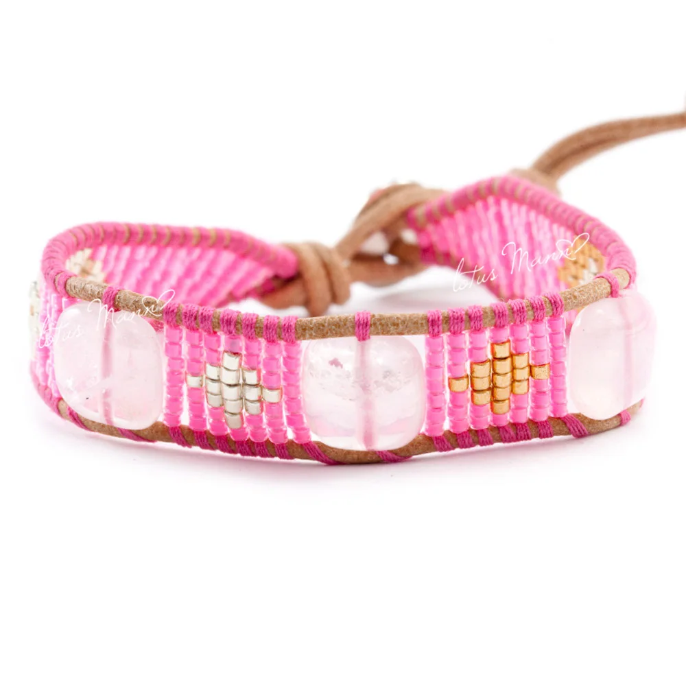 

Pink crystal neon pink beads parquet shallow brown wool single-circle leather cord bracelet
