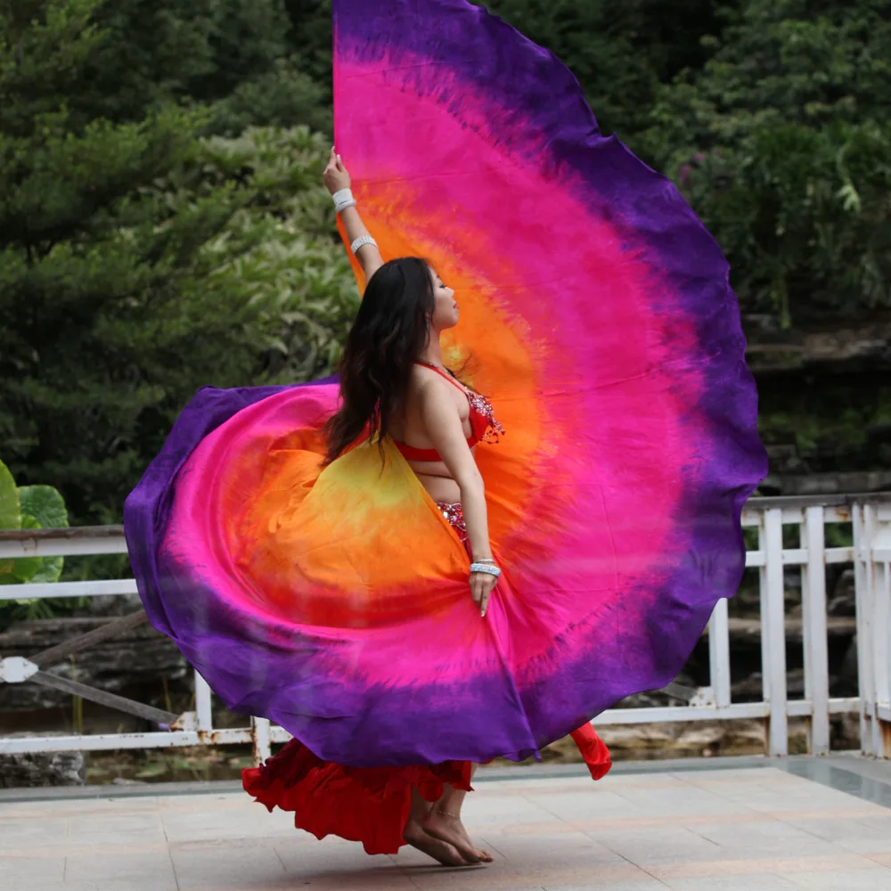 

yellow-orange-pink-purple, 1 sets 2.7m*1.14m(3 yard*45") tie-dye 8mm habotai double veil belly dance silk wing, real silk!