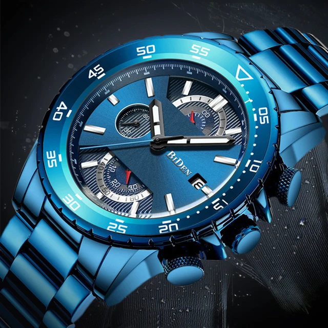 

Relogio Masculino Biden Blue Steel Strap Mens Watches Top Brand Luxury Waterproof Sports Chronograph Quartz Wrist Watches